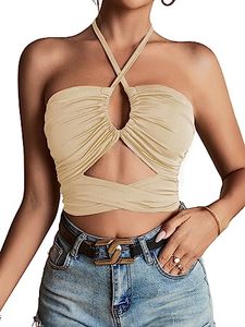 lot 12906 image: LYANER Womens Sexy Halter Ruched Criss Cross Cut Out Sleeveless Tie Back Cami Crop Top Khaki X-Large