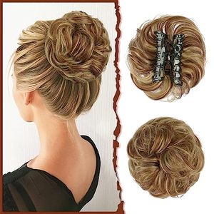 lot 12909 image: SOFEIYAN Claw Clip Messy Bun Hair Piece Wavy Curly Hair Bun Clip in Claw Chignon Ponytail Hairpieces Synthetic Tousled Updo Hair Extensions Scrunchie Hairpiece for Women, Brown & Blonde