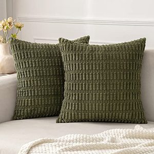 lot 12912 image: MIULEE Pack of 2 Corduroy Decorative Throw Pillow Covers 16x16 Inch Soft Boho Striped Pillow Covers Modern Farmhouse Home Decor for Sofa Living Room Couch Bed Olive Green