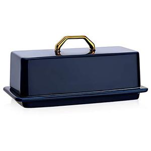 lot 12913 image: Sweese 327.103 Butter Dish with Lid for Countertop - Butter Dish with Gold Handle, Butter Dishes with Covers for 4oz East West Coast Butter - Dishwasher Safe, Navy