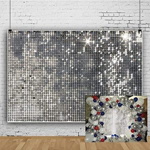 lot 12921 image: YongFoto 7x5ft Disco Party Backdrop Sliver Sequins Photography Background Glitter Halos Wedding Birthday Party Cake Table Banner 70s Theme Decorations Backdrop