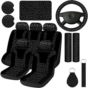 lot 12927 image: 13 Pcs Leopard Print Car Accessories Set, Includes Seat Covers Set Steering Wheel Cover Coasters Armrest Pad Belt Pads Keychain and Wrist Strap for Decor (Black)