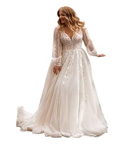 lot 12931 image: Rosy Studio Womens Plus Size Wedding Dress Long Sleeves A-Line Court Train Appliques Tulle As Pictured US 20W