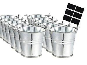 lot 12933 image: Large Galvanized Metal Buckets with Chalkboard Stickers - Snack Baskets, Party Favors, Party Accessories and Decorations, Succulent Planter -12 Pails with Stickers