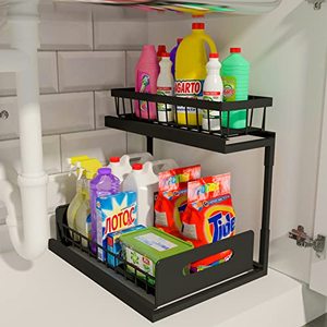 lot 12943 image: Under Sink Organizer, REALINN 2-Tier Pull Out Cabinet Organizer Under Kitchen Sink Organizer, Under Cabinet Storage Multi-Use for Bathroom Laundry Kitchen