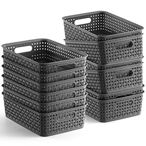 lot 12945 image:  12 Pack  Plastic Storage Baskets - Small Pantry Organization and Storage Bins - Household Organizers for Laundry Room, Bathrooms, Bedrooms, Kitchens, Cabinets, Countertops, Under Sink or On Shelves