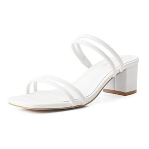 lot 12947 image: ShoeN Tale Strappy Heels For Women Low Chunky Block Heel Heeled Sandals Square Open Toe Slip On Slides Mules(6,F-White)