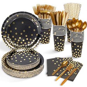 lot 12960 image: 400PCS Black and Gold Paper Plates, Party Supplies for 50 Guests, 12oz Cups, Napkins, Utensils, Straws Included for Retirement, Graduation, Homecoming, Birthday, Anniversary, Wedding