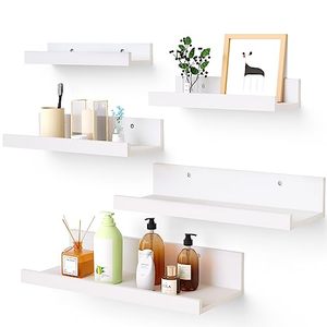 lot 12970 image: Upsimples Home Floating Shelves for Wall Decor Storage, Wall Shelves Set of 5, Wall Mounted Wood Shelves for Bedroom, Living Room, Bathroom, Kitchen, Small Picture Ledge Shelves, White