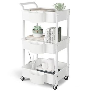 lot 12977 image: Hamone 3-Tier Utility Rolling Cart,Mobile Utility Cart with Lockable Caster Wheels,Storage Shelves Organizer Cart, 3 Hanging Baskets, Easy Assembly,for Bathroom, Kitchen, Office, Workshop,White