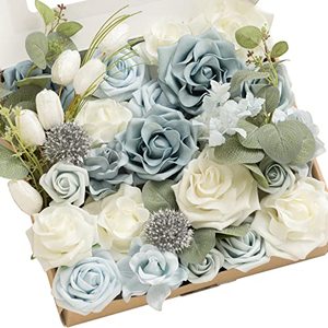 lot 12978 image: Lings Moment Artificial Flowers Powder Blue & White Deluxe Combo Box Set, Summer Coastal Theme for DIY Wedding Bouquets Centerpieces and Floral Arrangements Bridal Shower Party Home Decorations