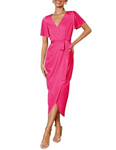 lot 12982 image: ZESICA Womens 2023 Summer Bodycon Dress Satin V Neck Short Sleeve Ruched Tie Waist Wrap Split Cocktail Party Midi Dresses,Rose,X-Large