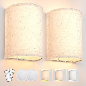 lot 12996 image: Wall Sconces Set of Two, Battery Operated Wall Sconces 3 Colors Changeable Dimmable Wall Lights Fixtures with Remote Control Fabric Wall Lamp Sconces for Bedroom Living Room Hallway