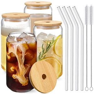 lot 13005 image: Drinking Glasses with Bamboo Lids and Glass Straw 4pcs Set - 16oz Can Shaped Cups, Beer Glasses, Iced Coffee Cute Tumbler Cup, Ideal for Cocktail, Whiskey, Gift 2 Cleaning Brushes