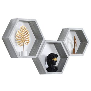 lot 13008 image: Hexagon Wall Shelves,Honeycomb Shelf,Hexagon Floating Shelves,Wood Octagon Storage Shelves Set of 3 for Living Room Bedroom Kitchen Bathroom Office Farmhouse Rustic Hexagonal Decor(Vintage Grey)