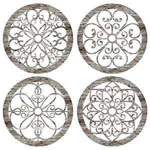 lot 13018 image: Yulejo 4 Pieces Thicken Rustic Wall Decor Farmhouse Wall Art Decor Wooden Hollow Carved Design Rustic Round Wall Art for Living Room Bedroom Hallway Decor Office Kitchen Wall Decoration (Retro White)