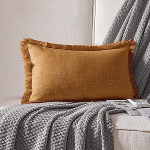 lot 13025 image: ATLINIA Decor Throw Pillow Cover - 12x20 Inch Linen Lumbar Decorative Farmhouse Boho Fringe Cushion for Couch Sofa Bed Outdoor Brown (TPC)