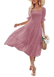 lot 13026 image: MEROKEETY Womens 2023 Summer Square Neck Puff Sleeve Boho Midi Dress Swiss Dot Ruffle Flowy Tie Back Dress,Purple