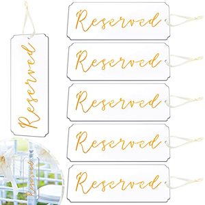 lot 13029 image: 6 Pieces Reserved Signs for Wedding Chairs Acrylic Tag Reserved Signs Hanging Reserved Signs with Ribbon for Wedding Important Events Church Pews Chair and Restaurant (Gold Lettering)