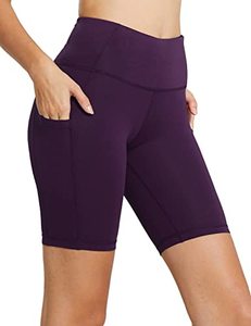 lot 13031 image: BALEAF Womens Biker Shorts High Waist Yoga Running Workout Gym Spandex Compression Tummy Control Summer Pockets 8 Purple L