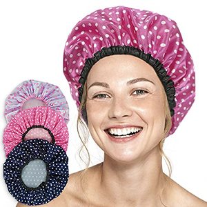 lot 13038 image: Shower Caps for Women 3 Pack in Different Colors - For Long and Short Hair - Reusable Bath Hair Cap for Ladies, Men and Kids