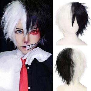 lot 13043 image: JoneTing Black and White Wig (Wig Cap) for Cosplay Costume Synthetic Short Natural Wavy Wigs Hair for Men Half Wig for Halloween Party Accessories Peluca Blanco y Negro Anime Wig for Man