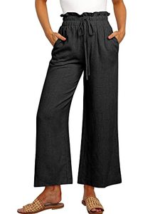 lot 13051 image: ANRABESS Womens Linen Pants Casual Loose High Waist Drawstring Wide Leg Capri Palazzo Lounge Pants Cropped Trousers Summer Boho Outfits 939heise-S Black