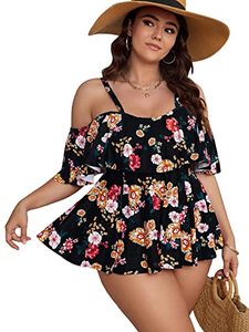 lot 13055 image: SOLY HUX Plus Size 2 Piece Tankini Floral Print Swimsuit Ruffle Trim Bikini Set Tummy Control Bottom Bathing Suit Black Floral 3XL