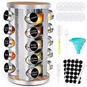 lot 13059 image: Spice Rack Organizer with Jars for Cabinet (20Pcs) RevolvingRotating Seasoning Organizer, Stainless SteelWooden Countertop Rack Tower Organizer for Kitchen Pantry with Reusable LabelsFunnelBrushes