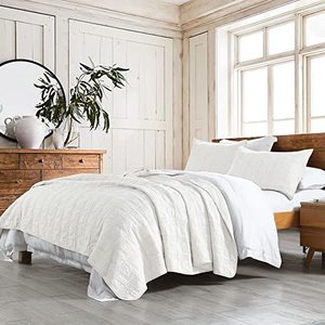 lot 13067 image: 100% Cotton Quilt Set King Size, White Pre-Washed 3-Piece Bedspread Coverlet Set, Cozy Lightweight Stitching Decorative Bedding Cover with 2 Shams in Geometric Pattern Rustic Style for All Season