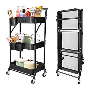 lot 13074 image: Amatic 3 Tier Folding Rolling Cart, Foldable Metal Utility Cart Organizer with Wheels, Collapsible Rolling Storage Cart with 3 Hanging Cups & 6 Hooks for Kitchen, Laundry Room, Office (Black)