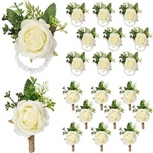 lot 13079 image: Sherr 20 Pcs Rose Wrist Corsage and Boutonniere Set Flower Wrist Corsage Wristlet Band Bracelet Bridegroom Mens Boutonniere Wedding Wristlet Hand Flower for Prom Party Bouquets Accessories (White)
