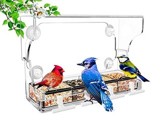 lot 13084 image: eWonLife Window Bird Feeder, Bird Feeders Outside Window for Viewing with Strong Suction Cups, Clear Acrylic, Height Adjustable to 9.5 Inch, Easy Clean and Fill, Removable Tray with 4 Compartments