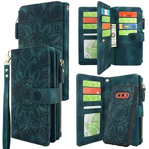 lot 13095 image: Harryshell Detachable Magnetic Zipper Wallet Leather Case Cash Pocket with 12 Card Slots Holder Wrist Strap for Samsung Galaxy S10e 5.8 2019 Floral Flower (Teal)