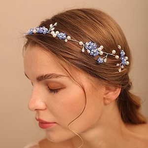 lot 13107 image: Jumwrit Wedding Rhinestone Headband Blue Flower Headband Handmade Pearl Bridal Headpiece Bride Bridesmaid Hair Accessories