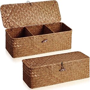 lot 13109 image: 2 Pieces Seagrass Baskets with Lid, Rectangular Hand Woven Wicker Bin Storage Box for Shelves Organizing, Small Rustic Home Storage Organizer Container (Khaki,12.6 x 4.72 x 4.33 Inches)