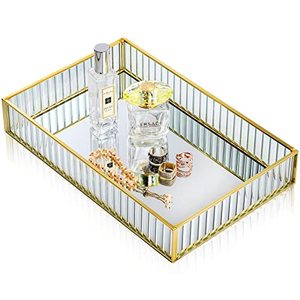 lot 13114 image: Coloch Glass Mirror Tray, 12x8x2 Inch Metal Gold Vanity Tray Decorative Jewelry Organizer Makeup Tray for Dresser Perfume, Cosmetics Storage, Bathroom, Bedroom