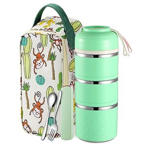 lot 13116 image: YBOBK HOME 3-Tier Cylinder Stackable Lunch Box, Stainless Steel Thermal Lunch Container For Adults Women, Leakproof Portable Insulated Food Container With Lunch Bag & Utensil (Green 56oz)