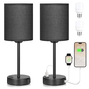 lot 13120 image: Innqoo Black Touch Bedside Lamps Set - 3 Way Dimmable Bedroom Lamps with USB C and A Ports and Outlets, Nightstand Lamp with Black Base, Small Table Lamps for Boy