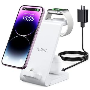 lot 13127 image: YOSINT Wireless Charging Station, 3 in 1 Charger for iPhone14 13 12 11xPro Plus Max SE XS XR, 18w Fast Stand Dock Compatible with Apple Watch Series Ultra 8 7 6 5 4 2 & Airpods, White-X40