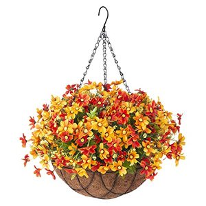 lot 13302 image: INXUGAO Artificial Hanging Flower with Basket for Home Courtyard Decoration,Artificial Silk Chrysanthemum Fake Plant Arrangement in12 inch Coconut Lining Basket for Outdoors IndoorsDecor(Orange)
