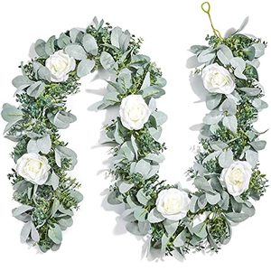 lot 13304 image: Miracliy 6 Ft Eucalyptus Garland with Flowers, Lambs Ear Greenery White Roses Flower Garland Fake Vines for Wedding Boho Table Mantle Backdrop Party Farmhouse Home Decor