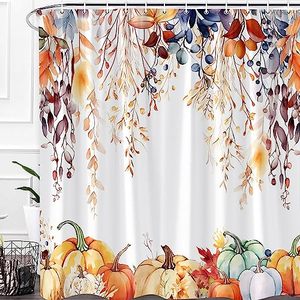 lot 13307 image: UIUUNSIK Autumn Pumpkin Shower Curtain Fall Thanksgiving Orange Eucalyptus Leaves Vines Romantic Farm Plant Watercolor Leaf Rustic Bathroom Decor Curtains with Hooks 70X70 Inch