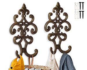 lot 13349 image: Comfify Cast Iron Vintage Double Wall Mounted Hooks  Decorative Antique Wall Mounted Hanger for Coats, Jackets and More  7.75 x4.8�  with Screws and Anchors - Set of 2