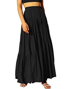 lot 13351 image: ANRABESS Women�s Boho Elastic High Waist Pleated A-Line Flowy Swing Asymmetric Tiered Maxi Long Skirt Dress with Pockets 617heise-XL Black