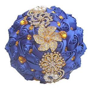 lot 13354 image: Fiwisora Brooch Bouquet 8 Bride Bridesmaid Satin Rose Wedding Bouquet wGold Crystal Brooches Custom-Made Artificial Floral Bouquet Centerpiece Arrangement, Royal Blue Bouquet