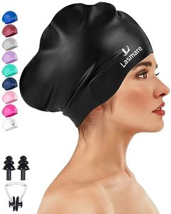lot 13370 image: Large Long Hair Swim Cap with Extra Room for Women Men, Silicone Swimming Cap for Long Thick Hair with Ear Plugs Nose Clip Set, Adult Waterproof Swim Hats Bathing Caps to Keep Hair Dry(Black)