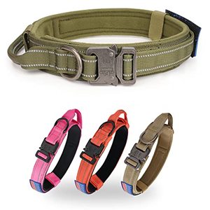 lot 13374 image: Tactical Dog Collar- KCUCOP Military Dog Collar with Reflective Collar and American Flag Patch with Handle Heavy Duty Metal Buckle 1.5 Width Nylon Thick Adjustable K9 Collar(Green Reflective-L)