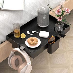 lot 13382 image: Ronlap Folding Bedside Shelf Organizer for Top Bunk Dorm Clip On Nightstand for College Dorm Loft Bed with Cup Holder Hooks Hanging Cup Plastic Tray for Kids, Black