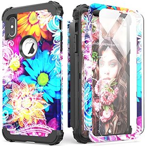 lot 13386 image: IDweel iPhone Xs Max Case with Tempered Glass Screen Protector, 3 in 1 Shock Absorption Slim Heavy Duty Protection Hard PC Cover Soft Silicone Bumper Full Body Durable Case for Women Girls, Flower